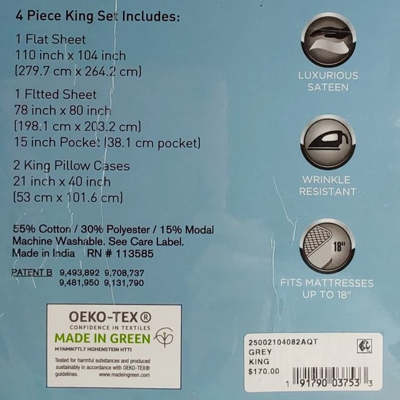 'AQ TEXTILES 'GRAYSON' LUXURY ULTRA COOL COTTON 700 THREAD COUNT KING SHEET SET - Picture 15 of 16